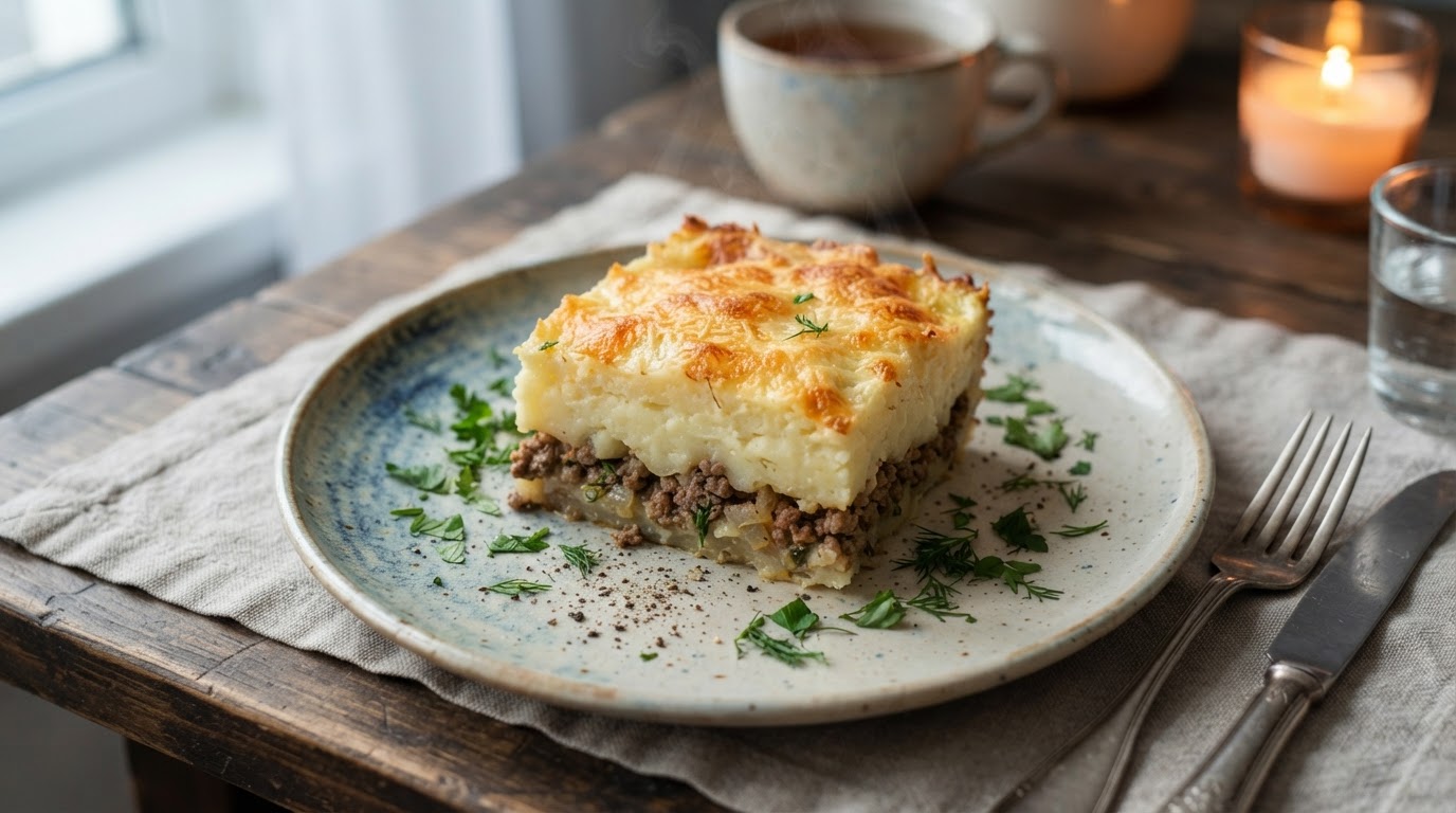Картофельная запеканка с мясным фаршем и сырной корочкой