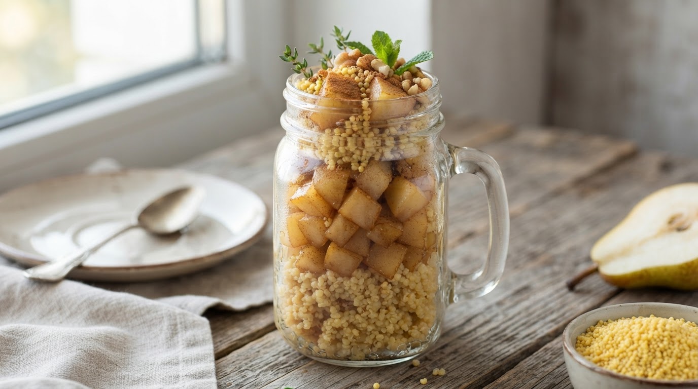 Пряная пшенная каша с карамелизированной грушей и корицей