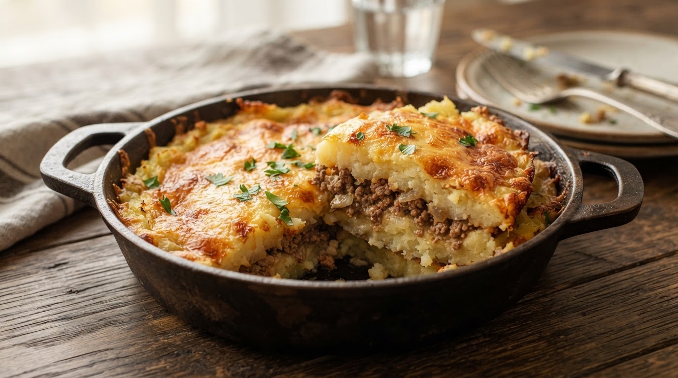 Картофельная запеканка с мясным фаршем и сырной корочкой