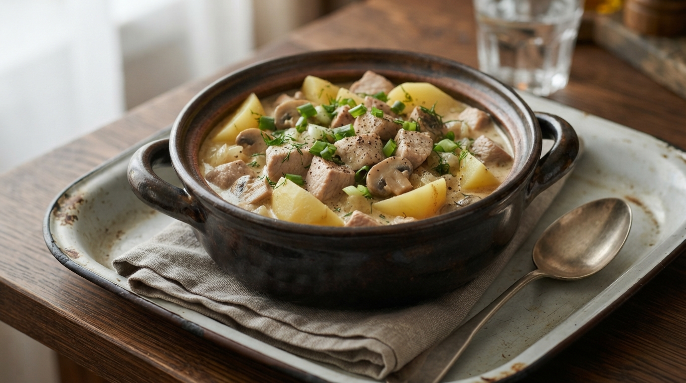 Сливочное рагу из индейки с картофелем и грибами