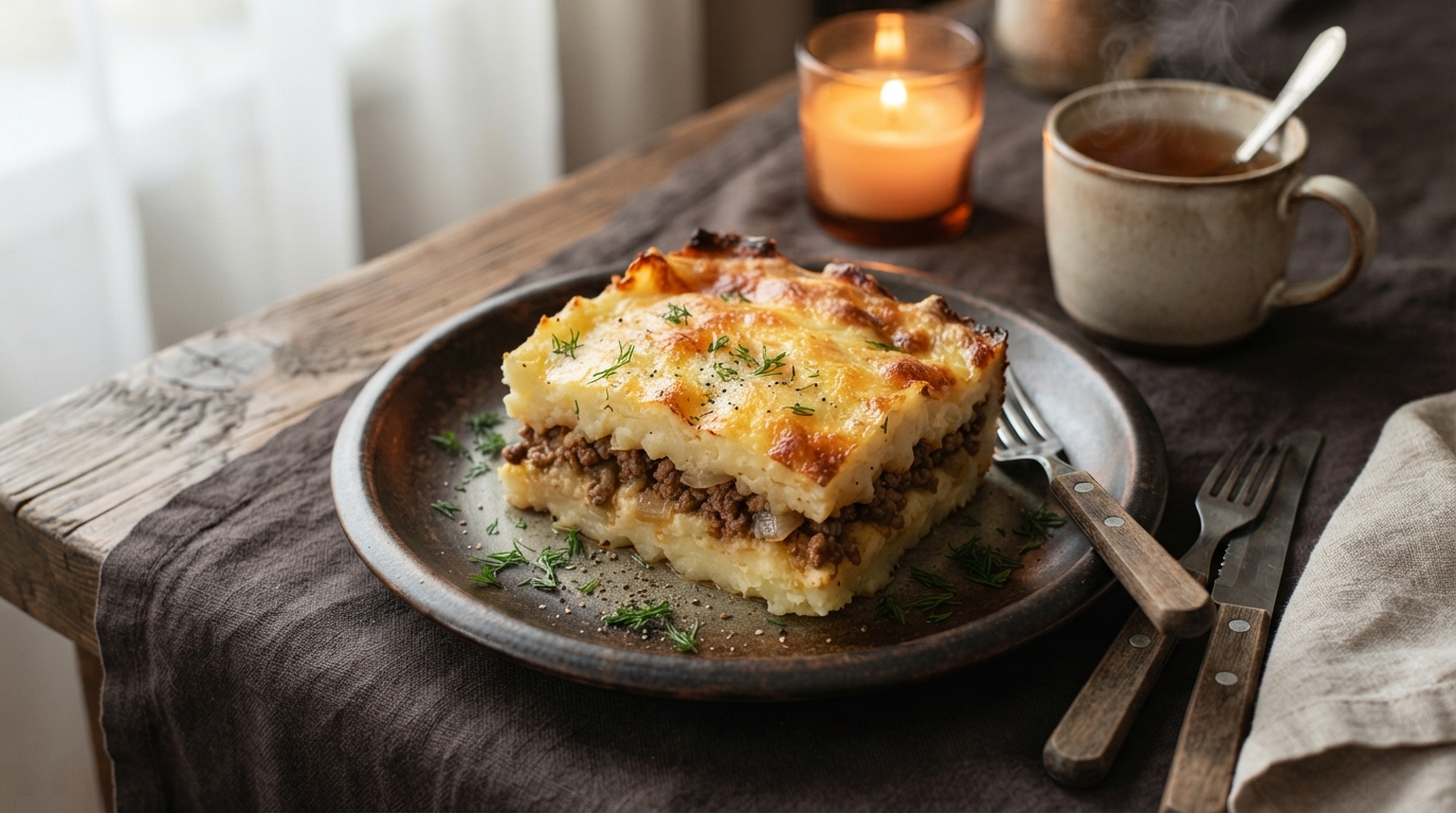 Картофельная запеканка с мясным фаршем и сырной корочкой