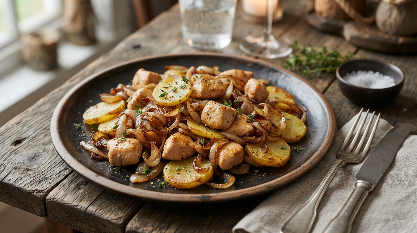 Куриное филе с карамелизированным луком и картофельными ломтиками