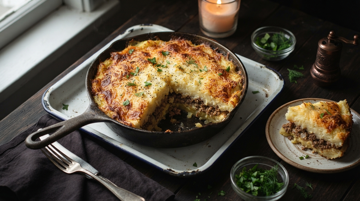 Картофельная запеканка с мясным фаршем и сырной корочкой