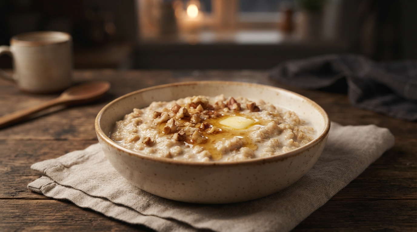 Молочная овсянка с медом и грецким орехом
