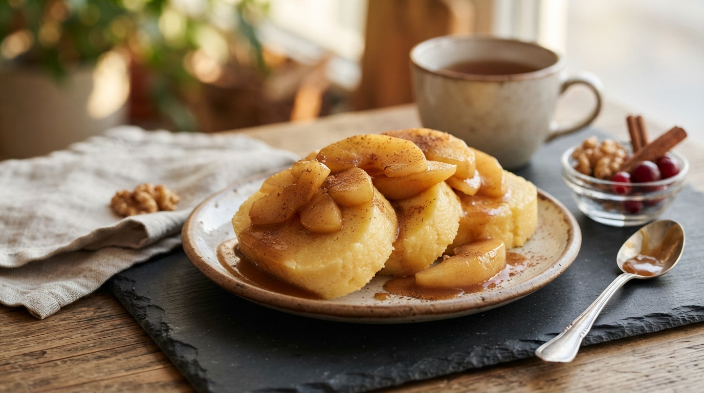 Пряная полента с карамелизованным яблоком и корицей