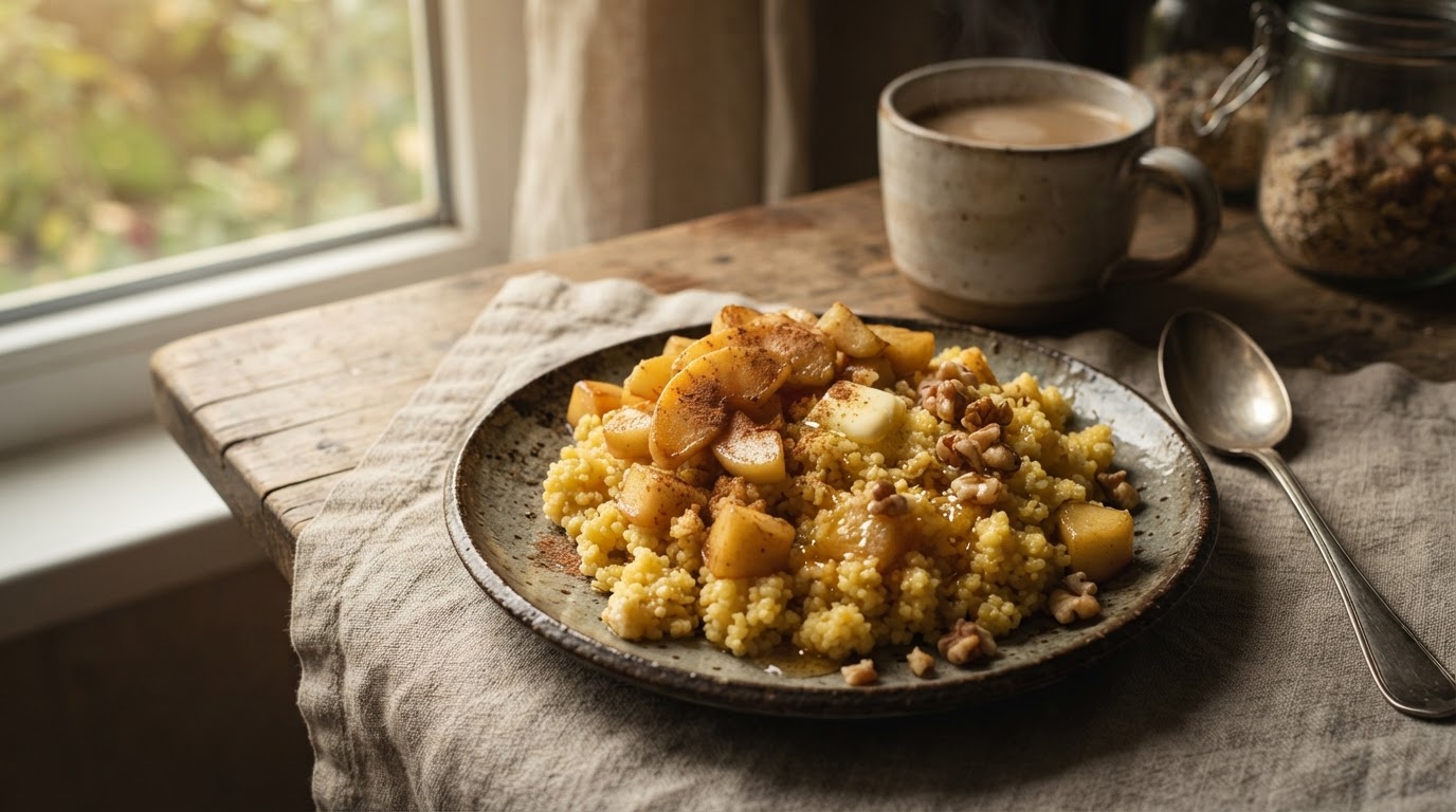 Пряная пшенная каша с карамелизированным яблоком и корицей