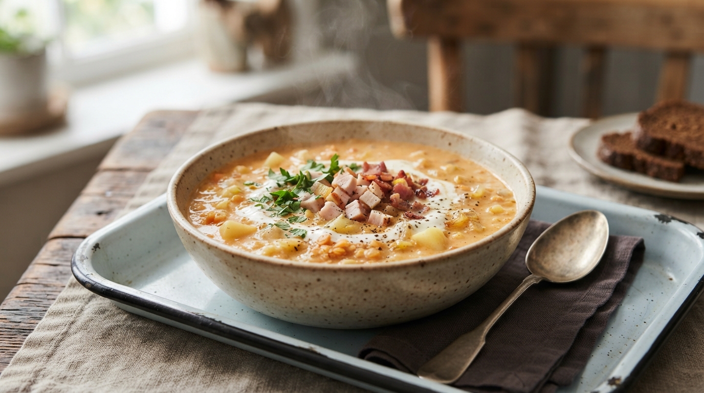 Сливочный суп-пюре из копченой курицы и чечевицы