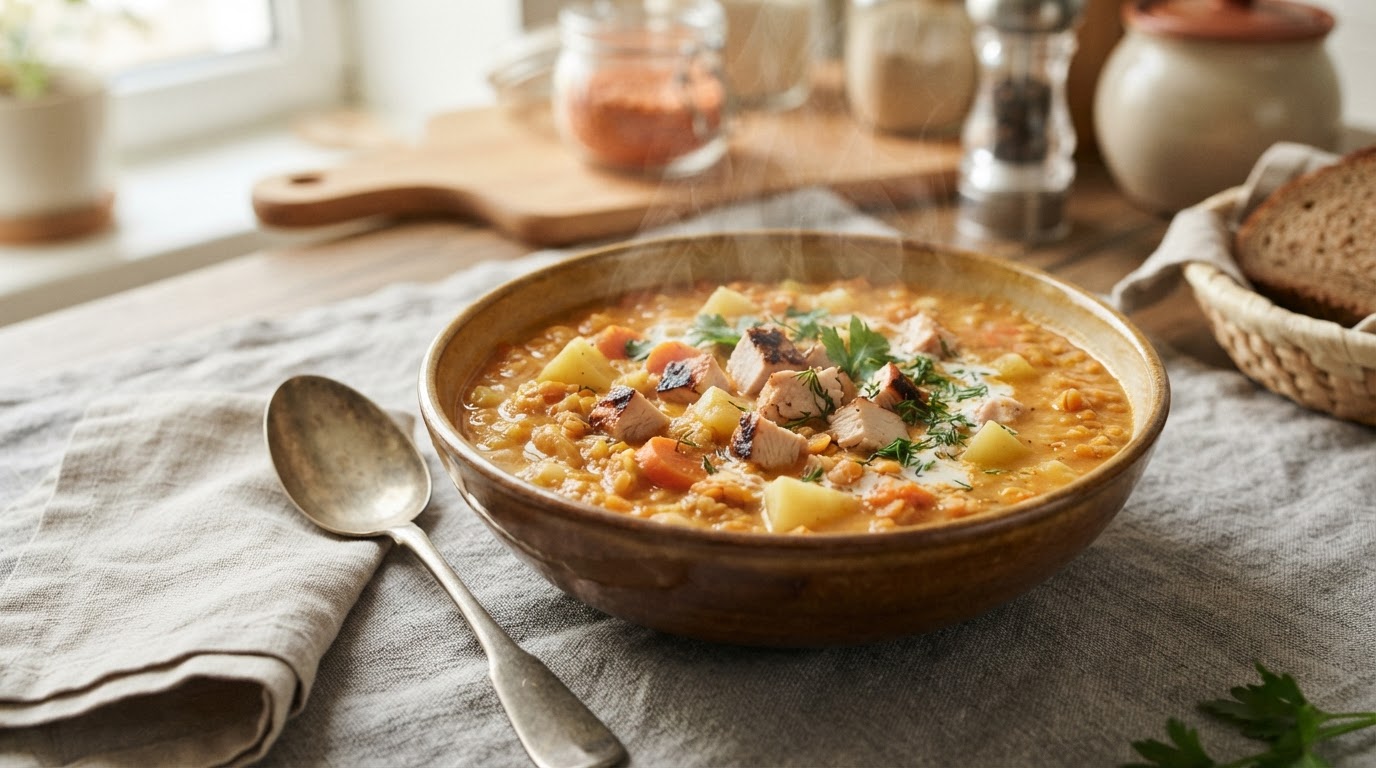 Сливочный суп-пюре из копченой курицы и чечевицы