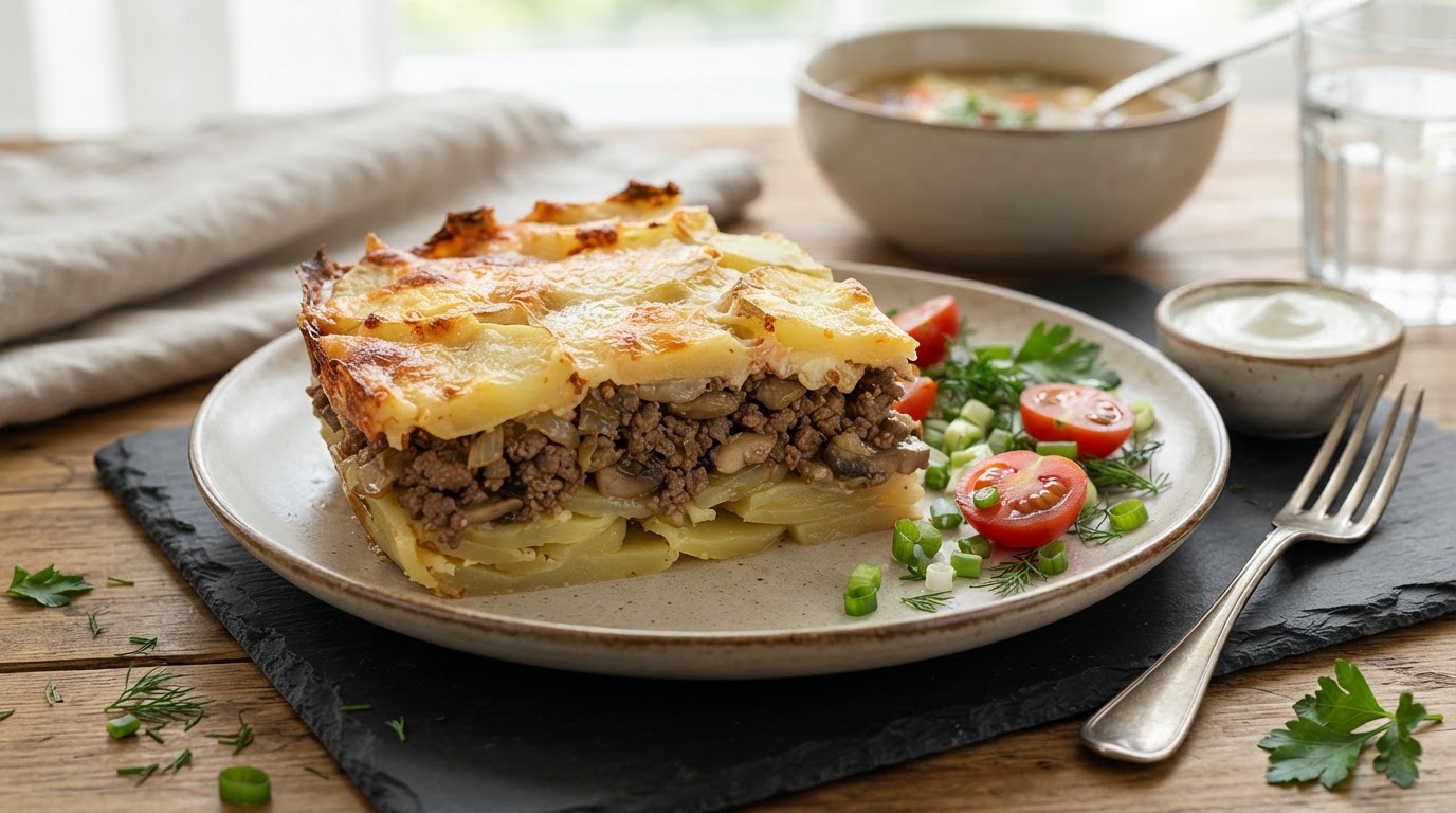 Картофельная запеканка «Деревенское рандеву» с фаршем и грибами