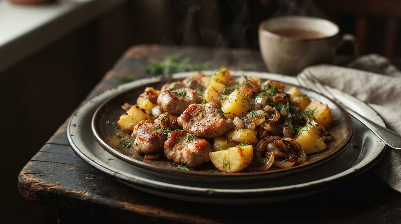 Свинина по-деревенски с картофелем и луком на сковороде