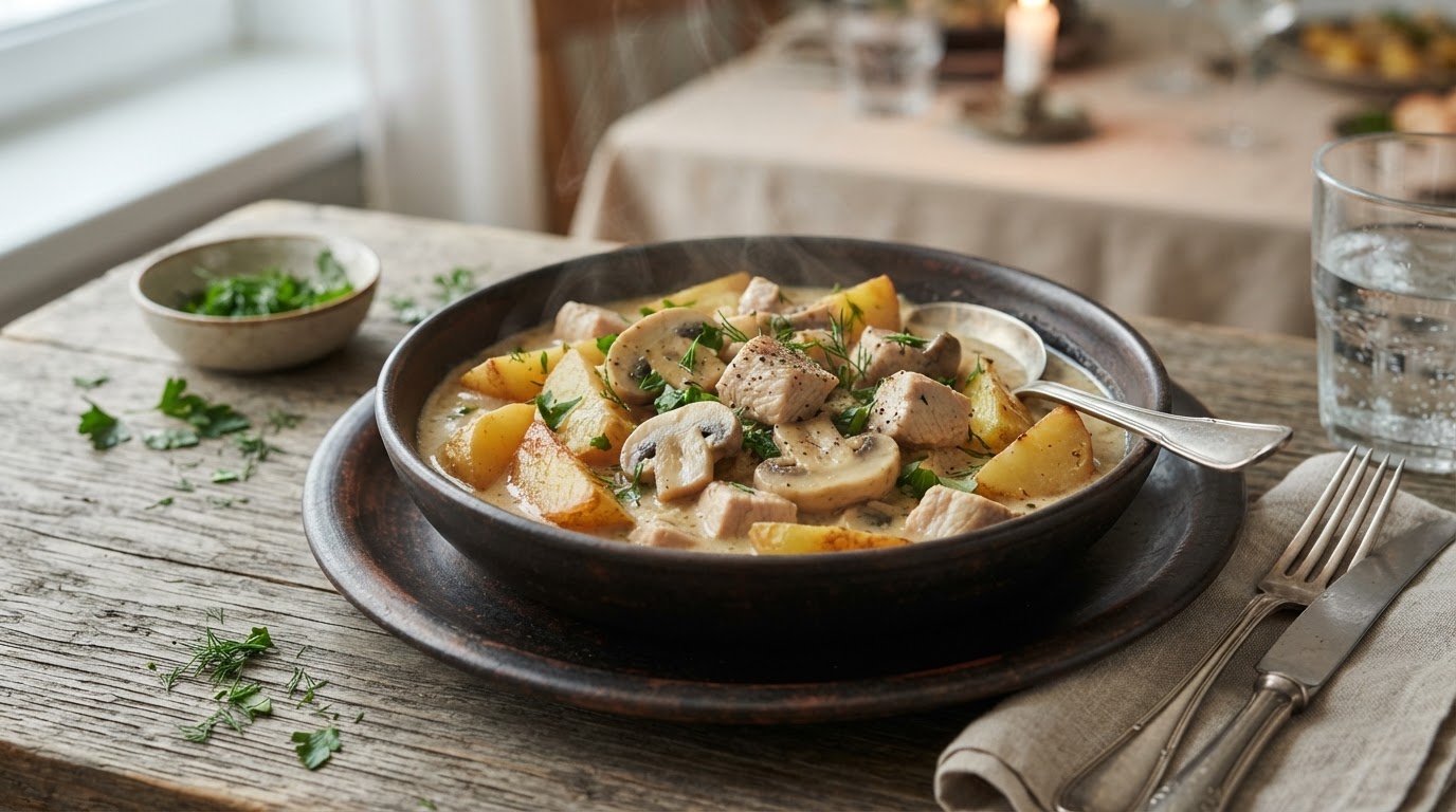Сливочное рагу из индейки с картофелем и грибами