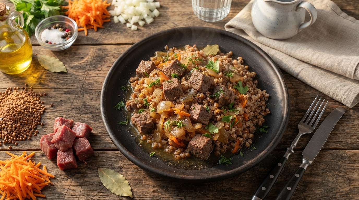 Томленая говядина с гречкой по-деревенски