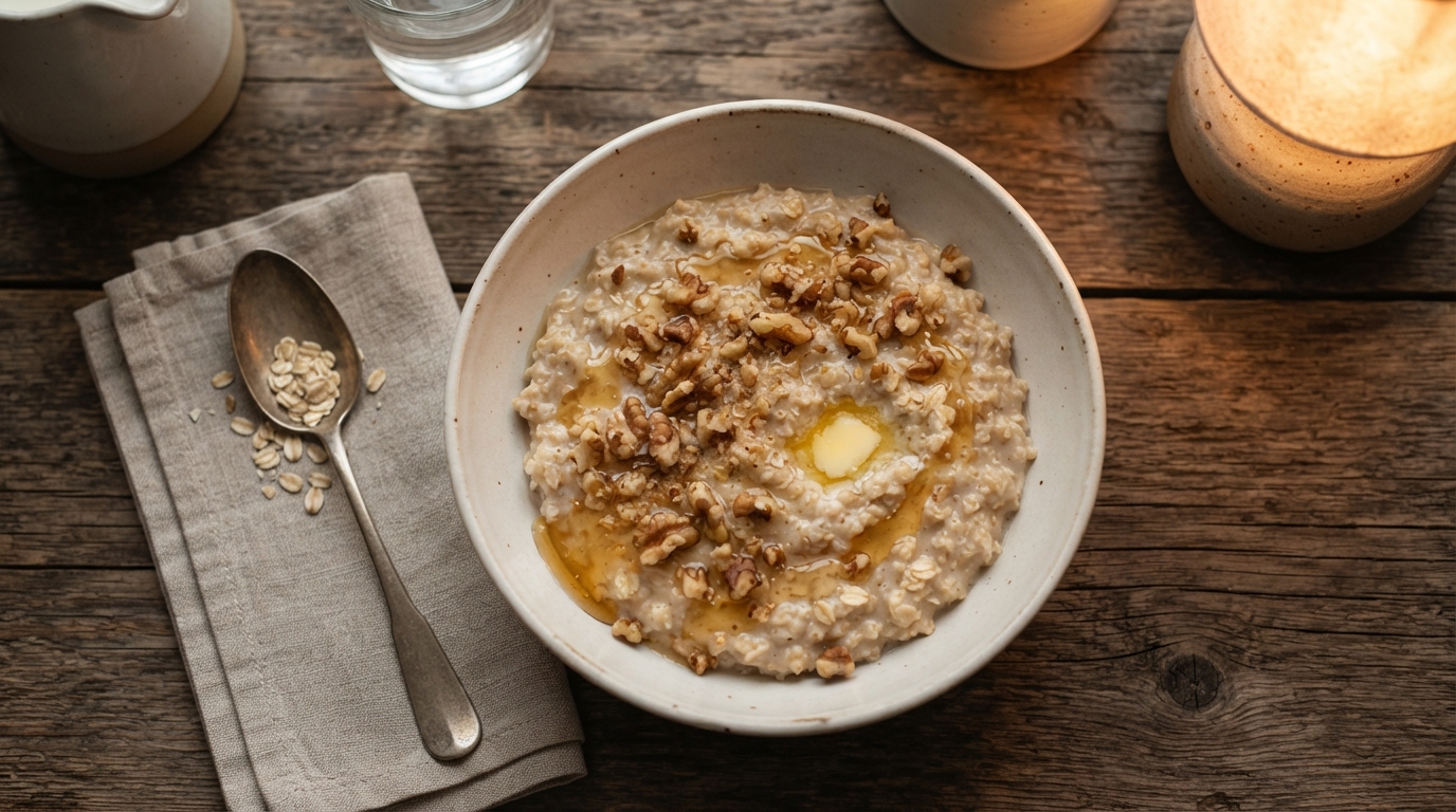 Молочная овсянка с медом и грецким орехом