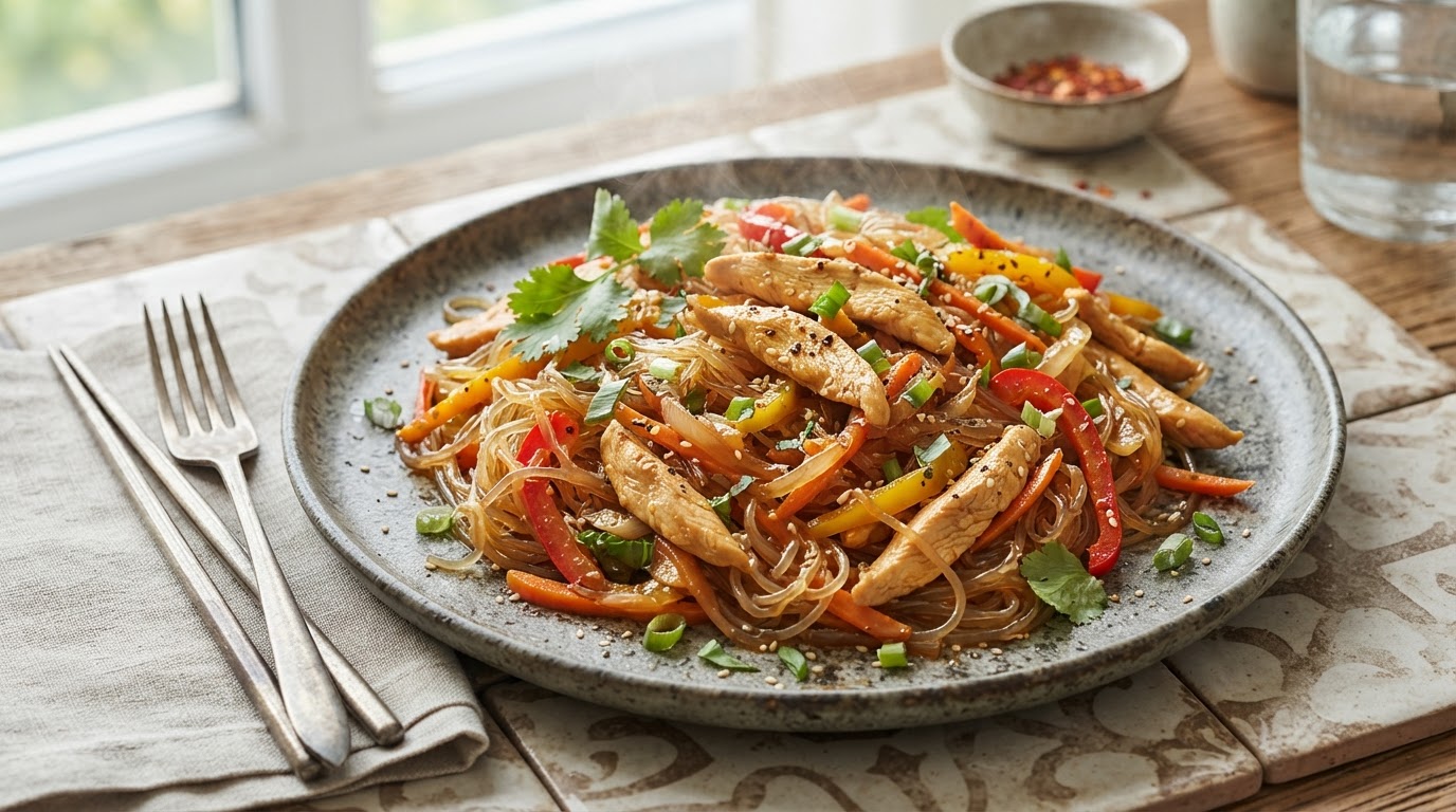 Стир-фрай по-деревенски с курицей и фунчозой