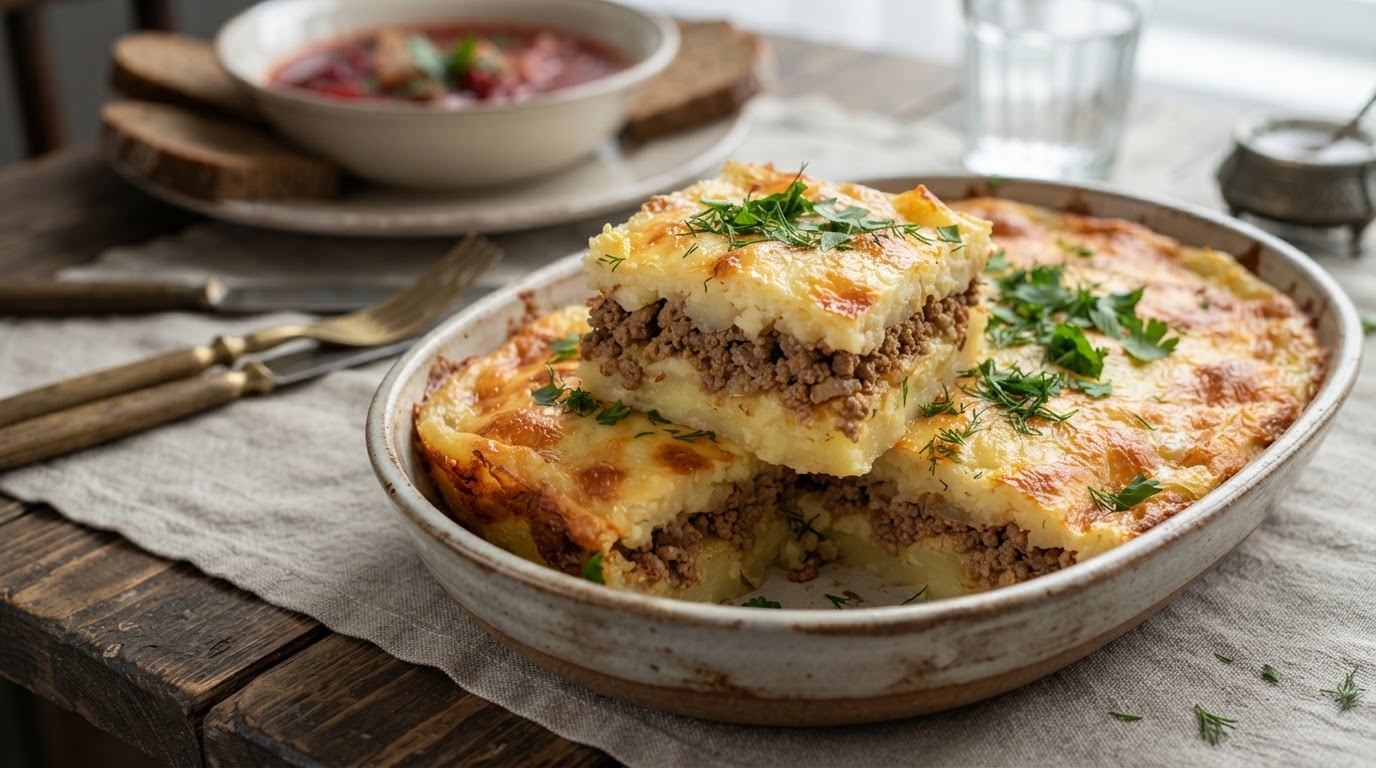 Картофельная запеканка «Сытый Барин» с мясным фаршем и сырной корочкой