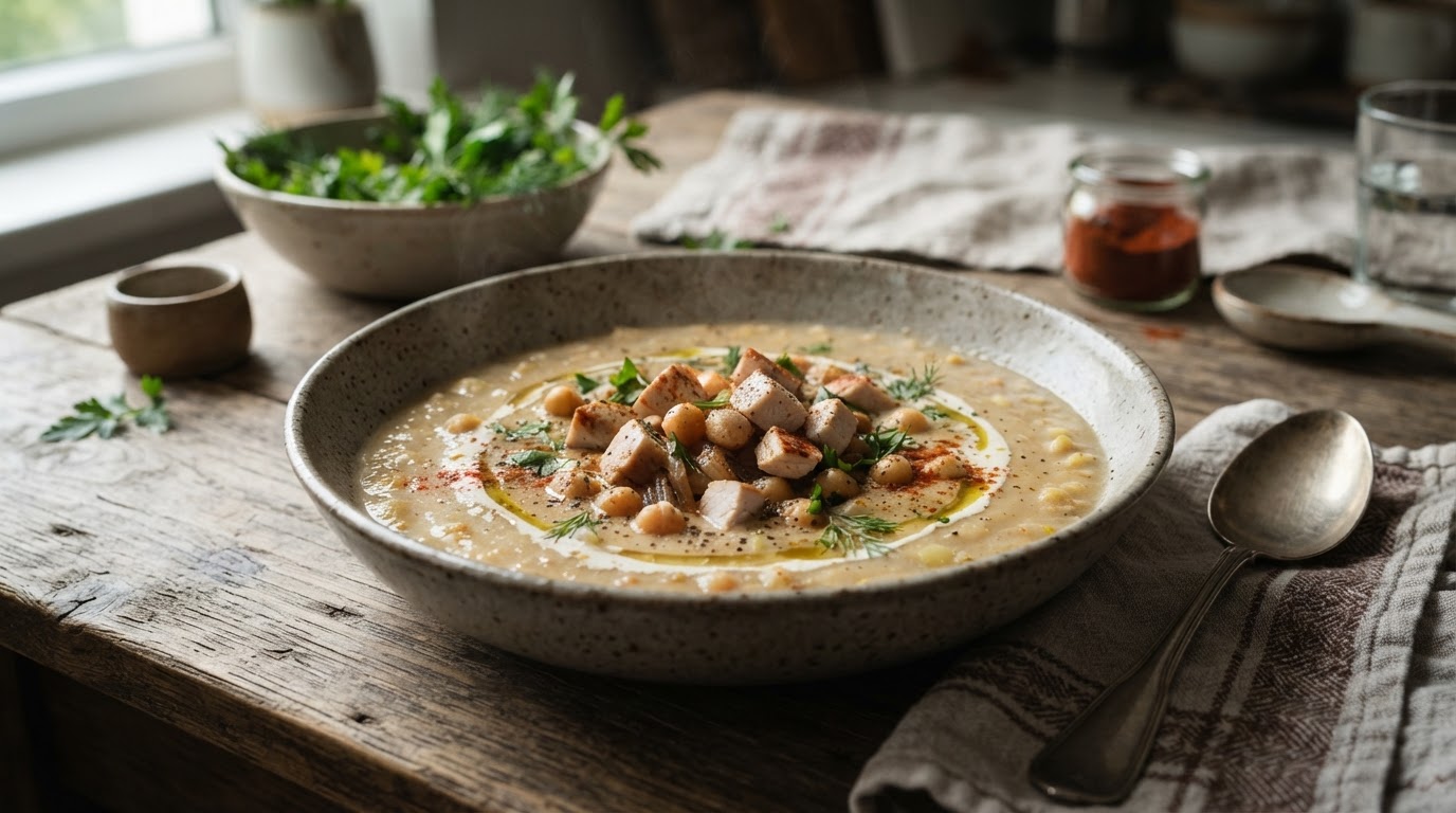 Сливочный суп-пюре из копченой курицы и нута