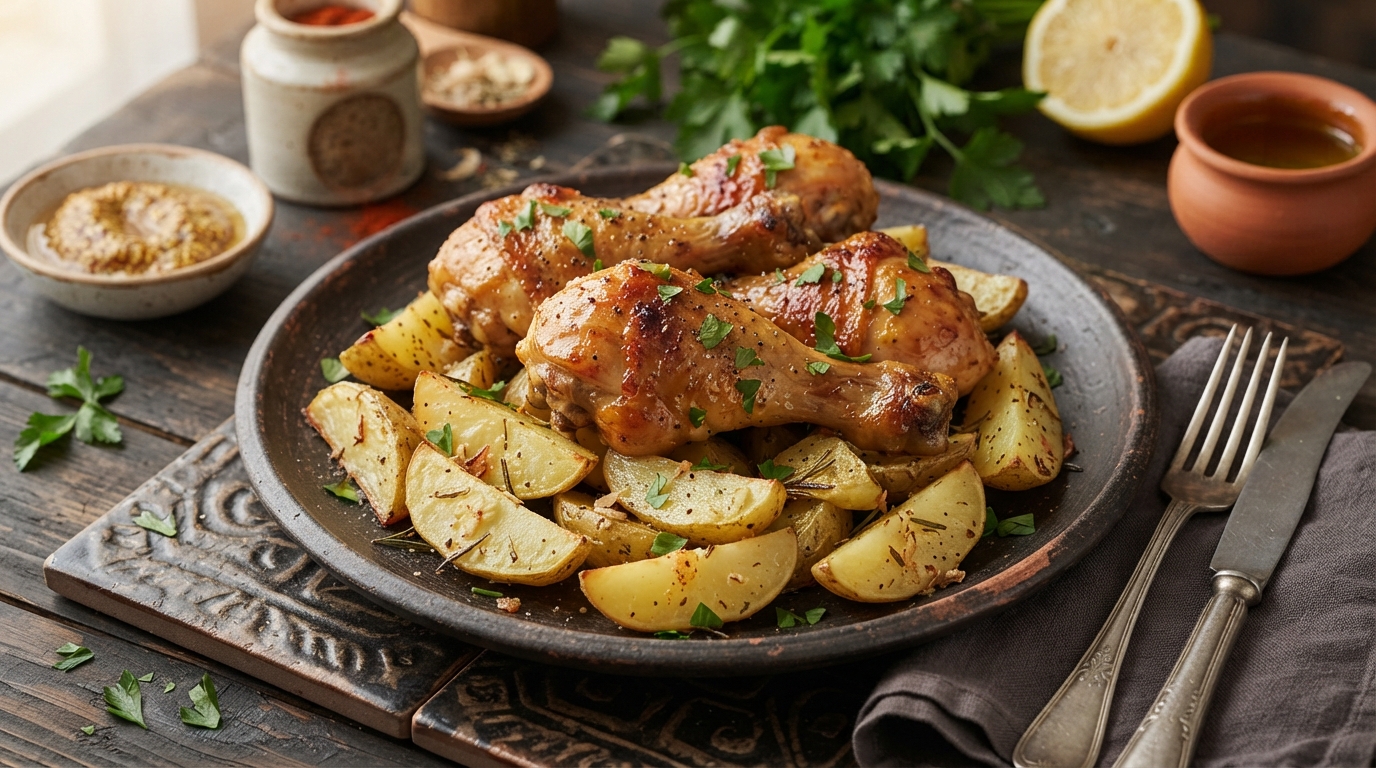Куриные голени в горчично-медовой глазури с картофельными дольками