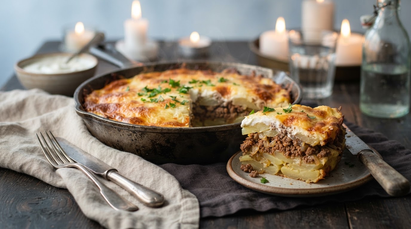 Картофельная запеканка с мясным фаршем и сырной корочкой