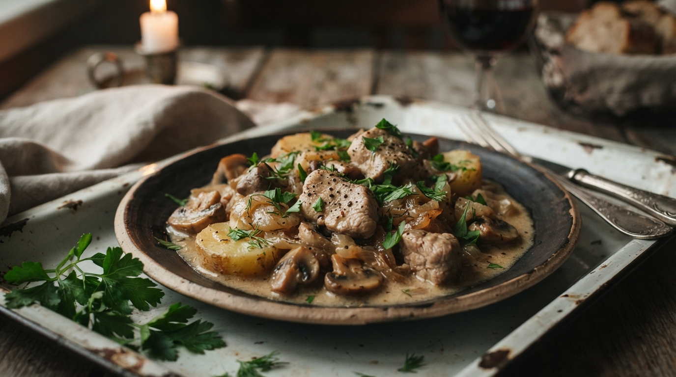 Сливочное рагу из индейки с картофелем и грибами