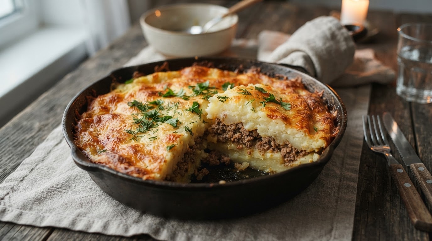 Картофельная запеканка с мясным фаршем и сырной корочкой