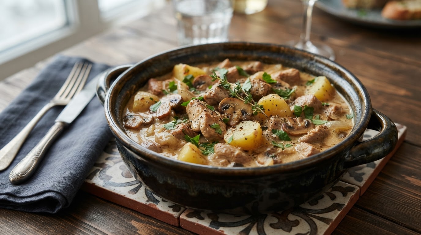 Сливочное рагу из индейки с картофелем и грибами