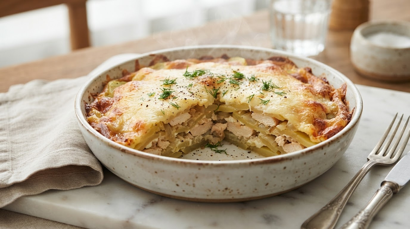 Сытная запеканка «Деревенский уют» с курицей и картофелем