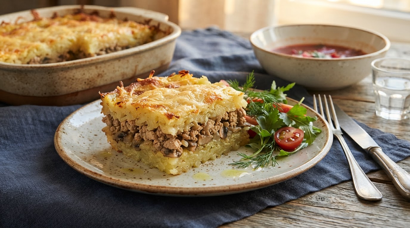 Картофельная запеканка «Деревенская ладья» с куриным фаршем и грибами