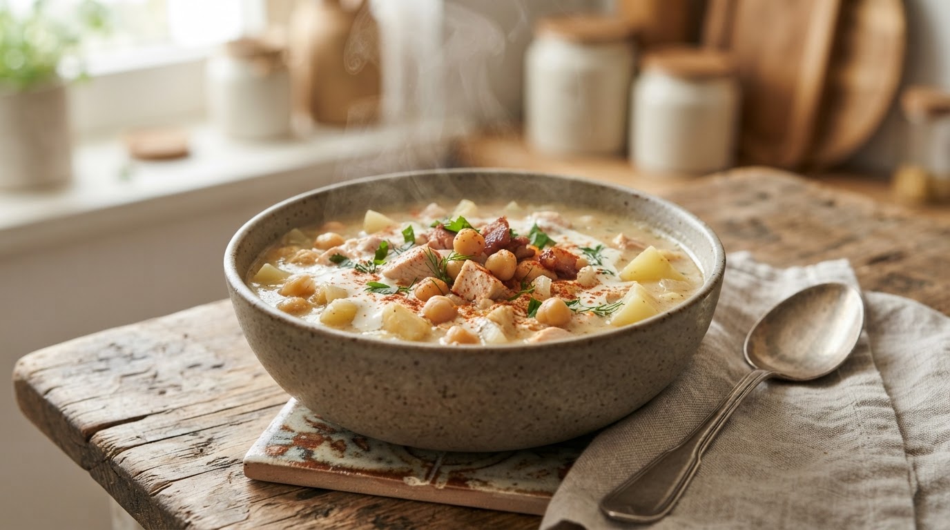 Сливочный суп-пюре из копченой курицы и нута