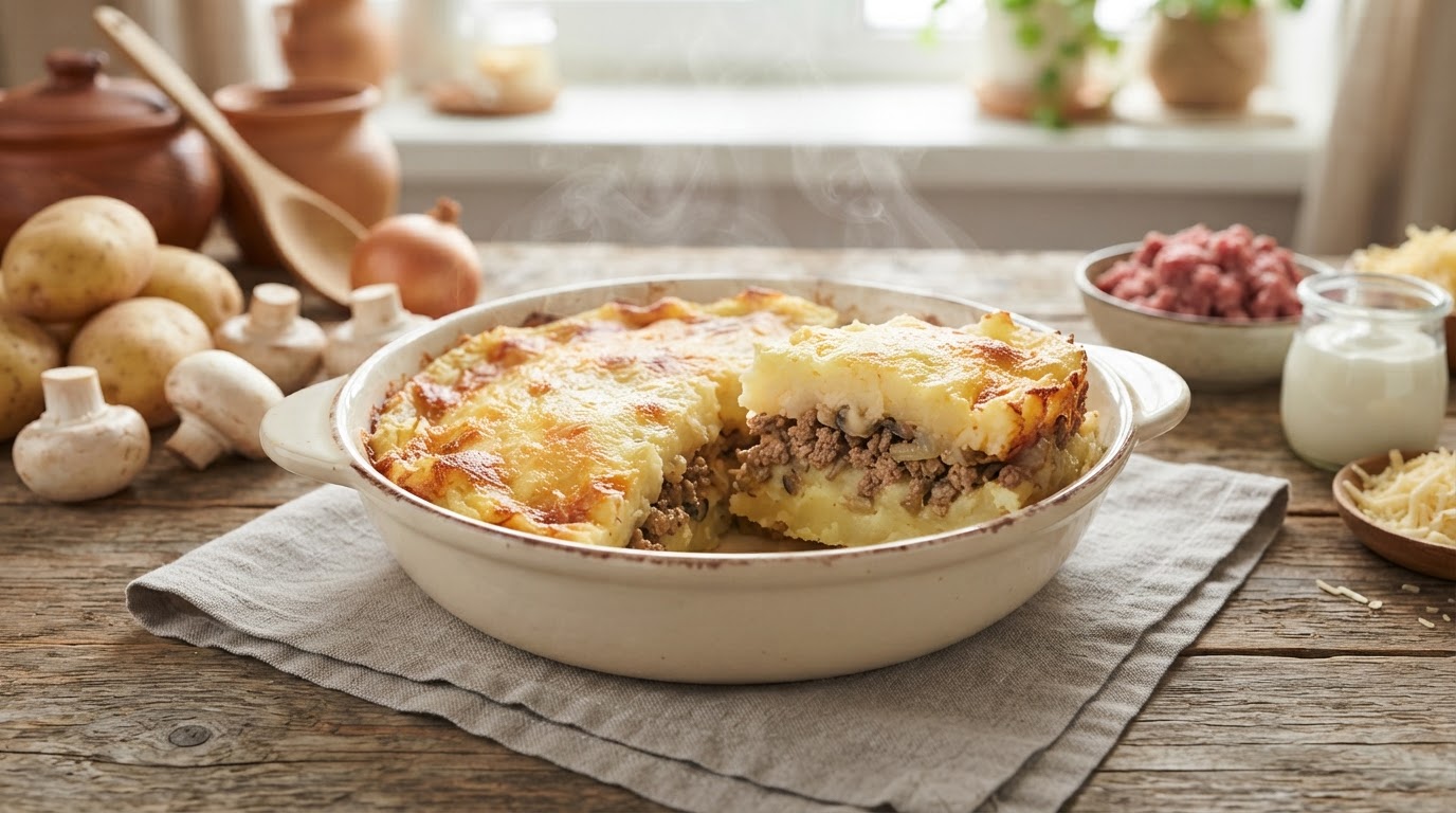 Картофельная запеканка «Сытный хутор» с фаршем и грибами