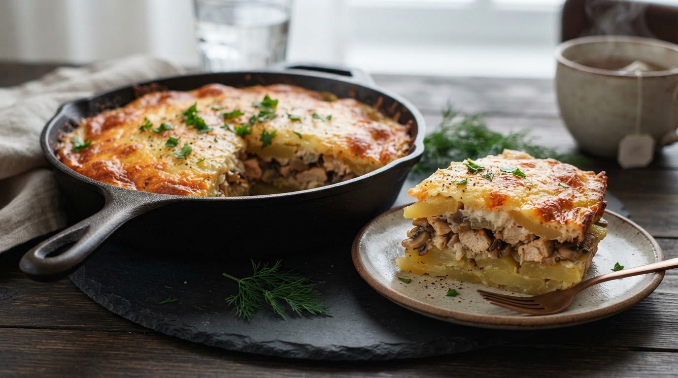 Картофельно-грибная запеканка с куриным филе