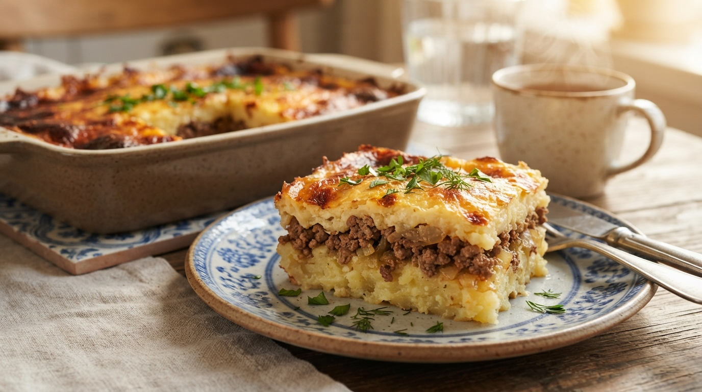 Картофельная запеканка с мясным фаршем и сырной корочкой