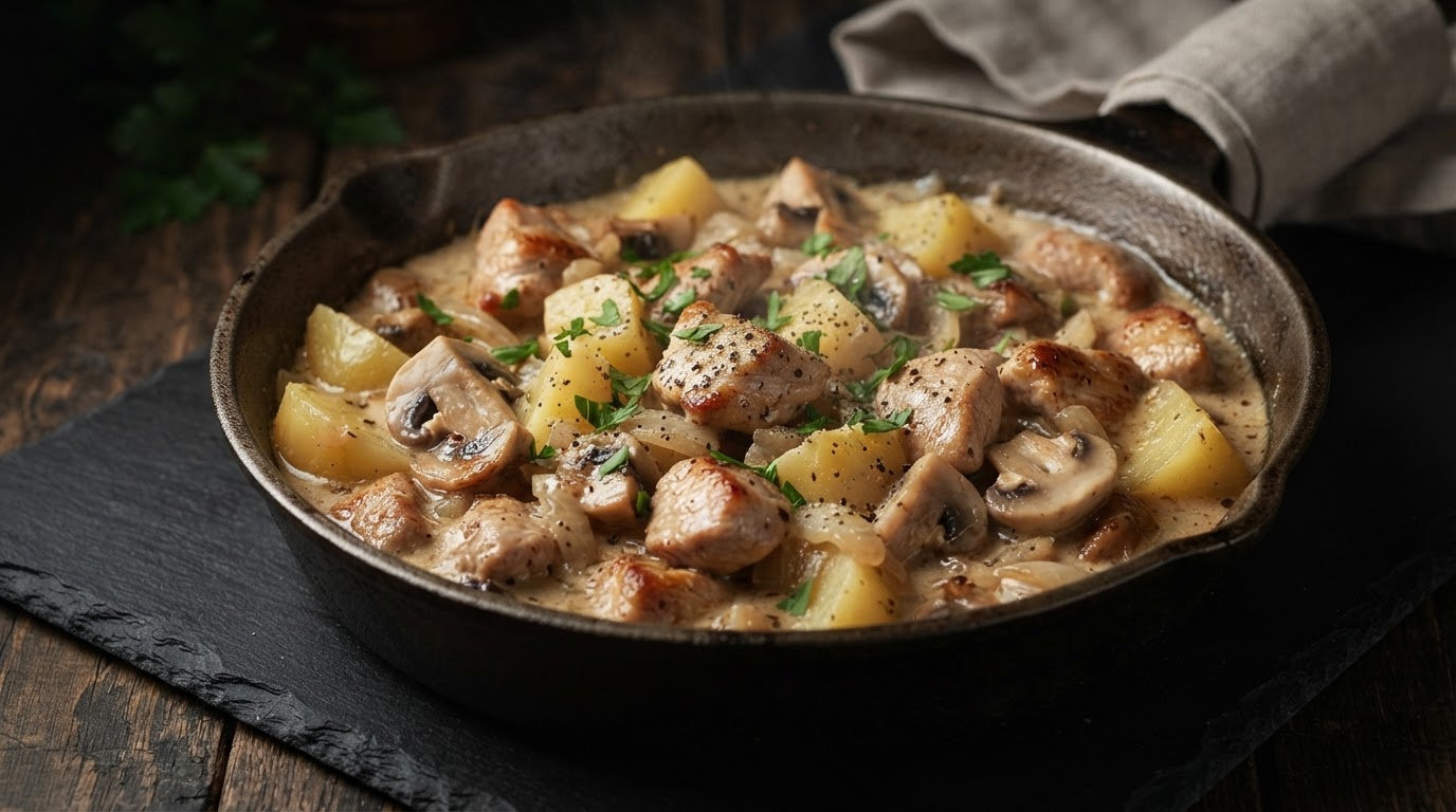 Сливочное рагу из индейки с картофелем и грибами