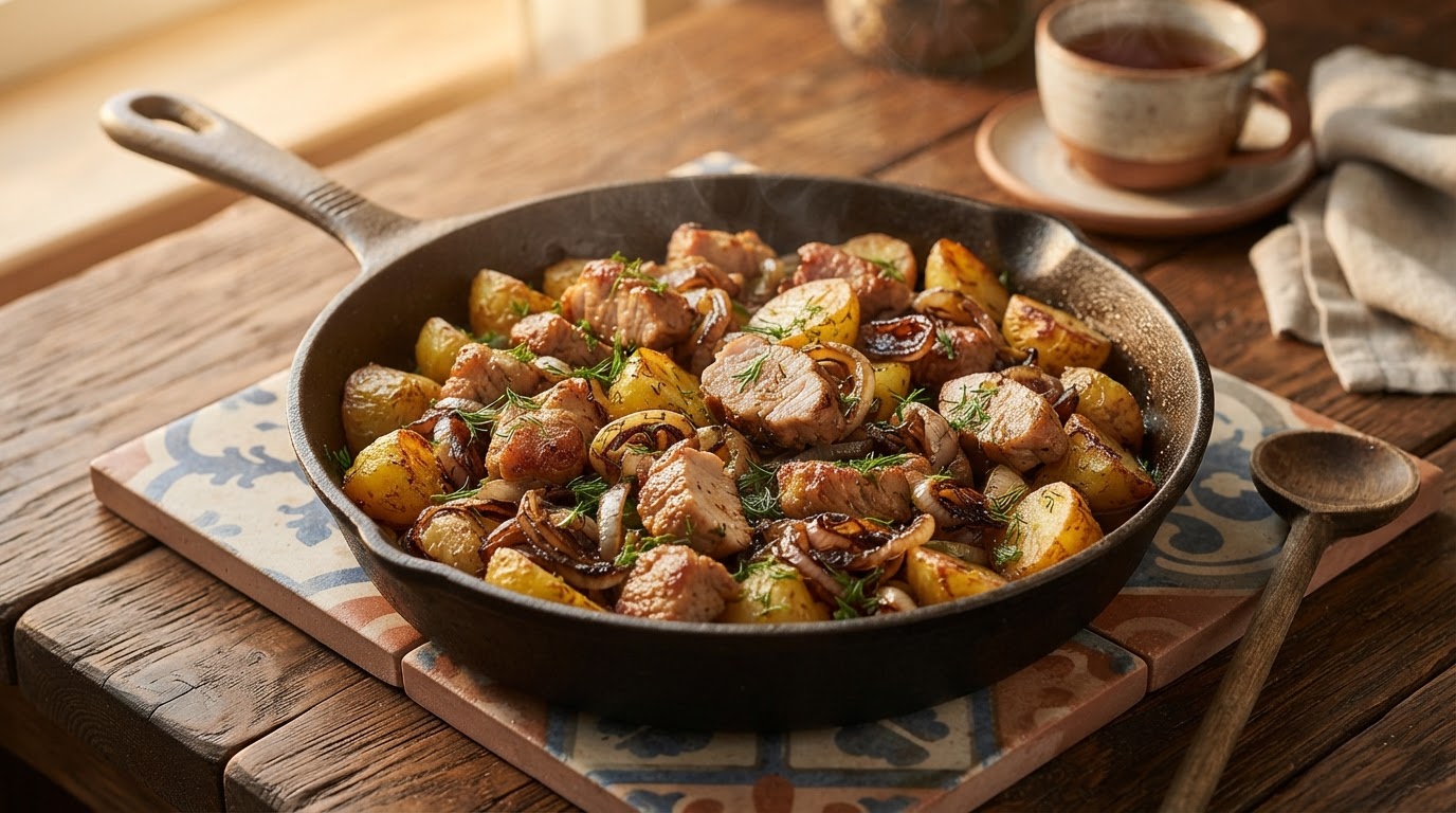 Свинина по-деревенски с картофелем и луком на сковороде