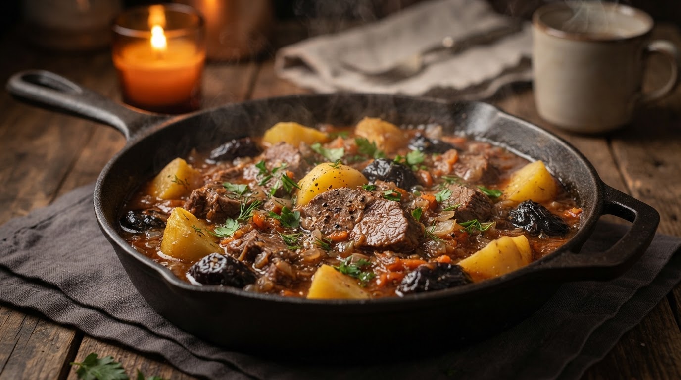 Томленая говядина с картофелем и черносливом в кастрюле