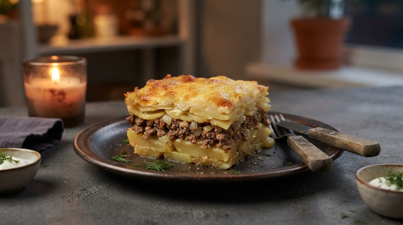 Картофельная запеканка с фаршем и сырной корочкой в мультиварке