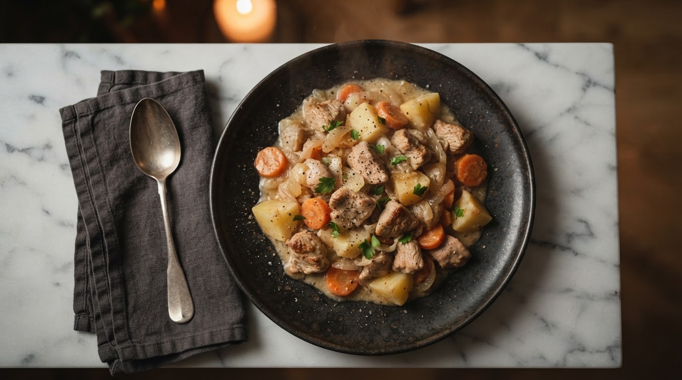 Сливочное рагу с индейкой и овощами в кастрюле
