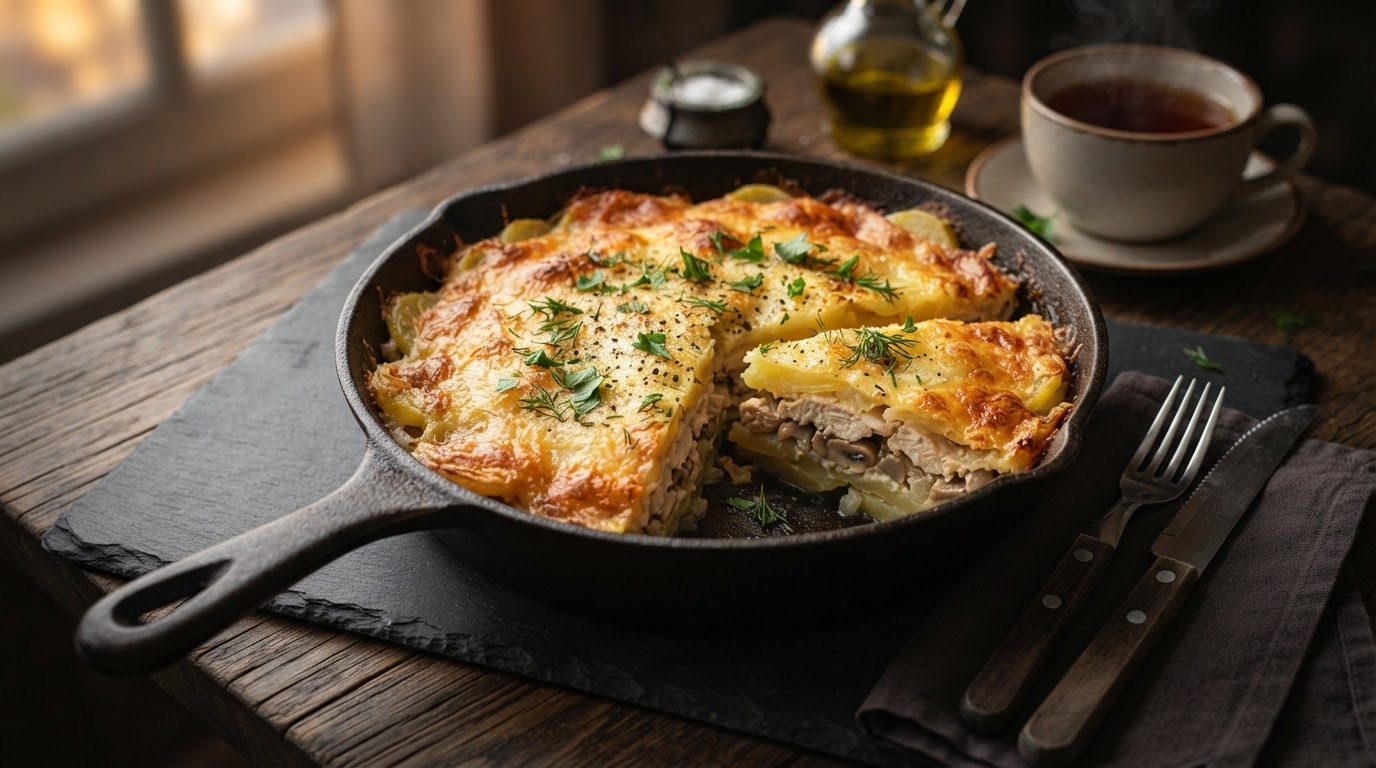 Картофельная запеканка с курицей и грибами в мультиварке