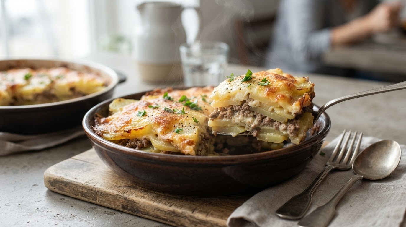 Картофельная запеканка «Деревенская башня» с мясным фаршем и сырной корочкой