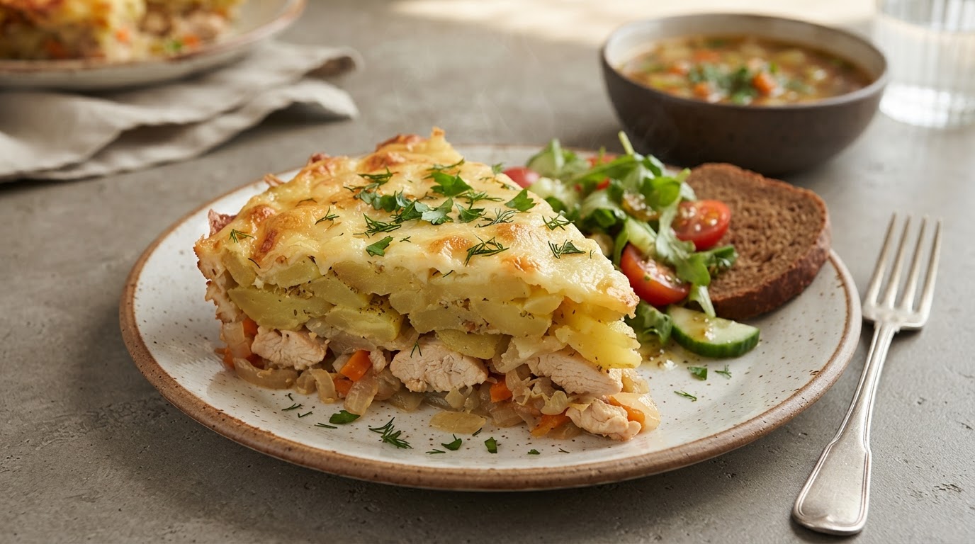 Сытная запеканка «Деревенский уют» с курицей и картофелем