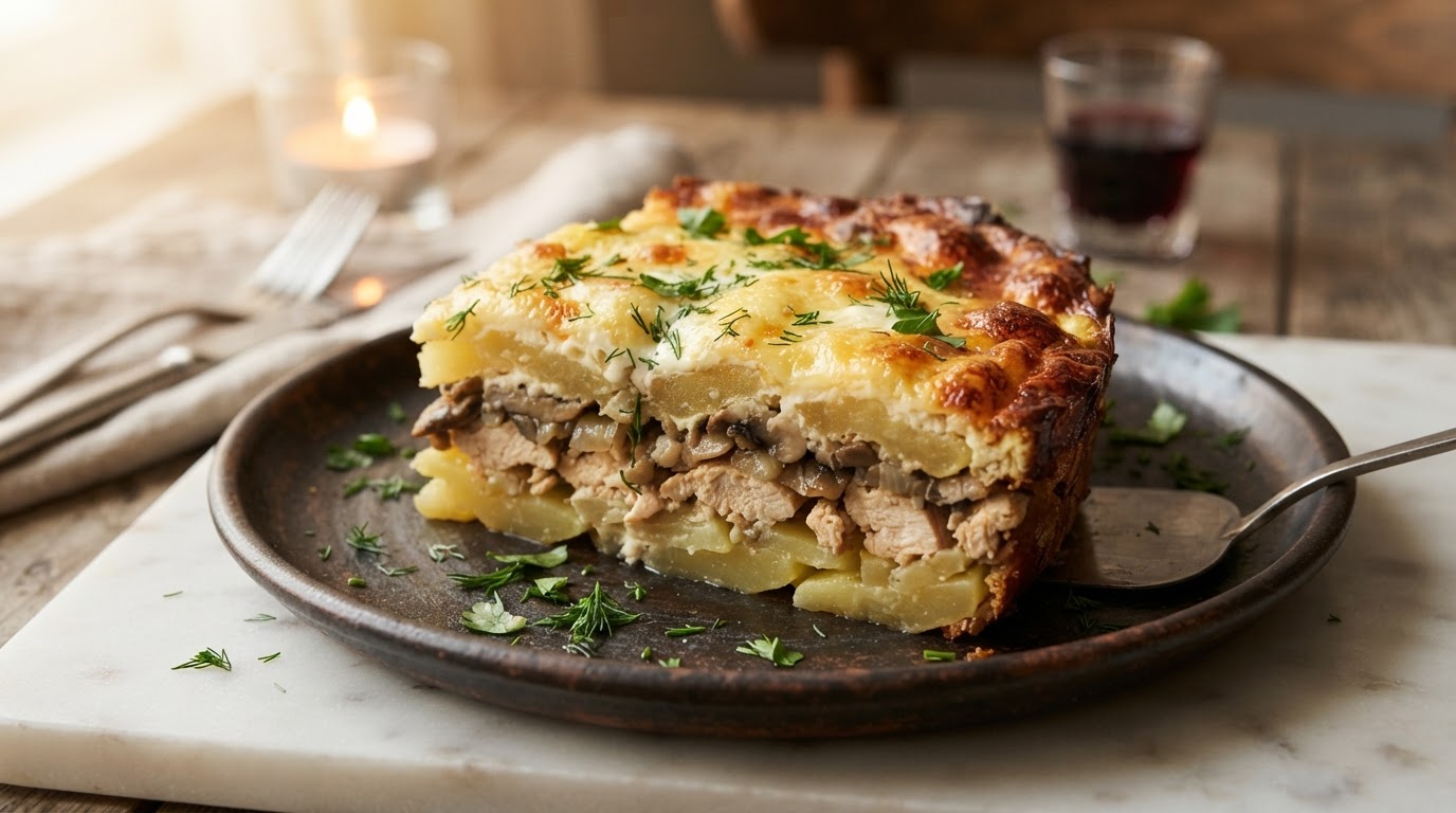 Картофельно-грибная запеканка с куриным филе