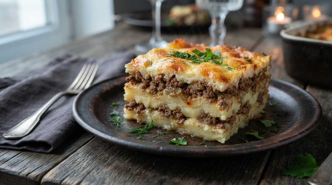 Картофельная запеканка с мясным фаршем и сырной корочкой
