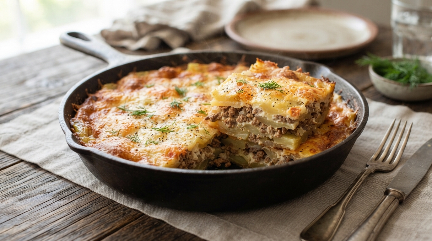 Картофельная запеканка с мясным фаршем и сырной корочкой