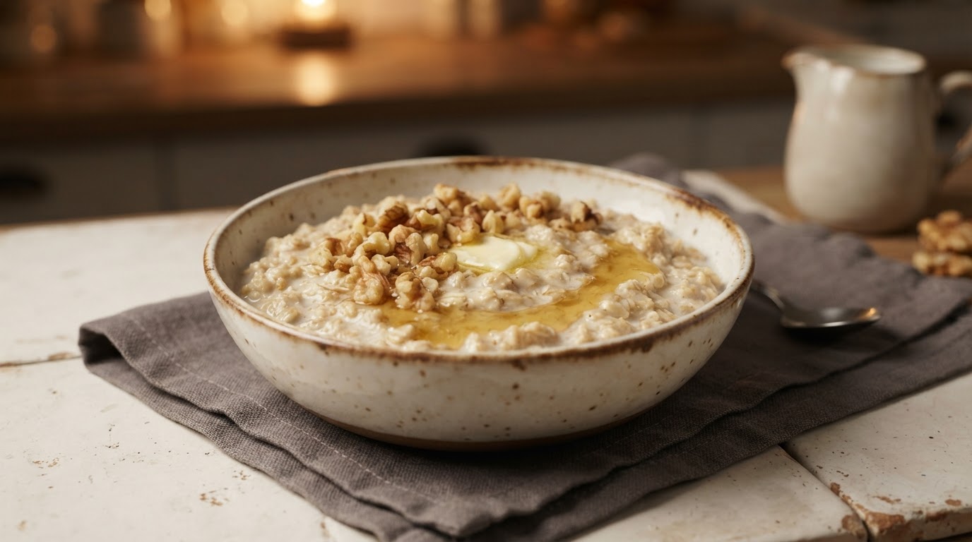 Молочная овсянка с медом и грецким орехом