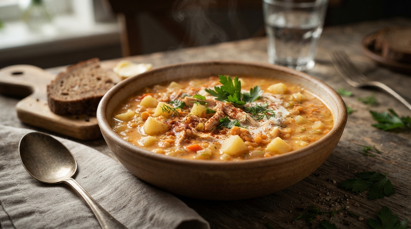 Сливочный суп-пюре из копченой курицы и чечевицы