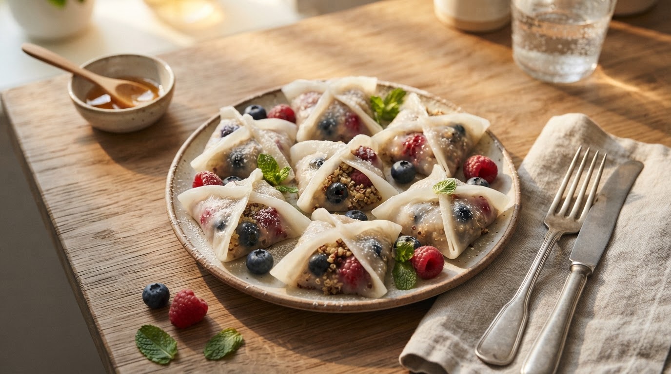 Паровые мешочки из рисовой бумаги с начинкой из киноа и ягод