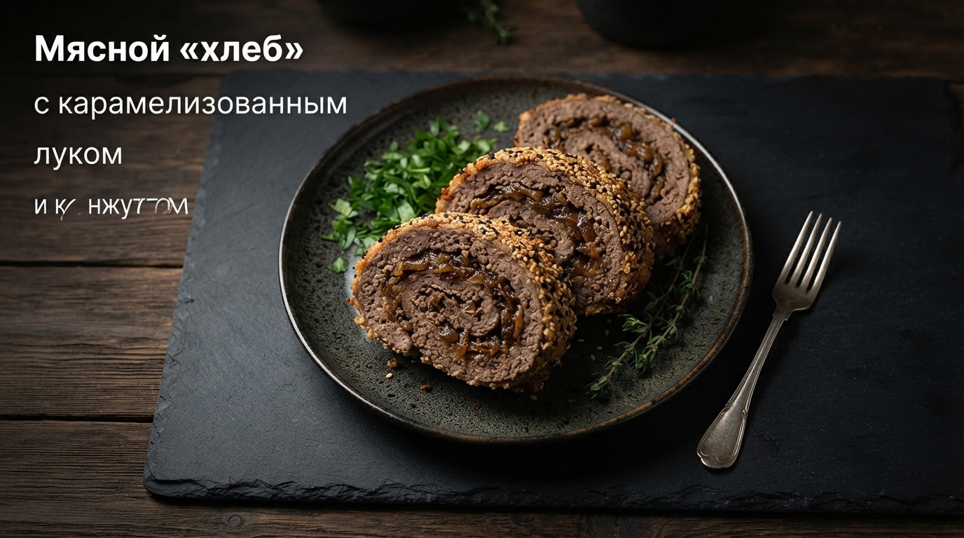 Мясной «хлеб» с карамелизованным луком и кунжутом