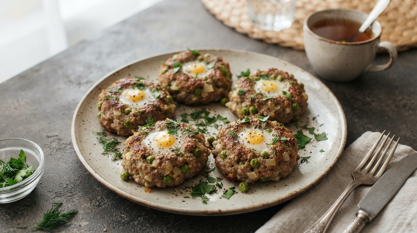 Мясные «гнезда» из фарша с перепелиным яйцом и зеленым горошком