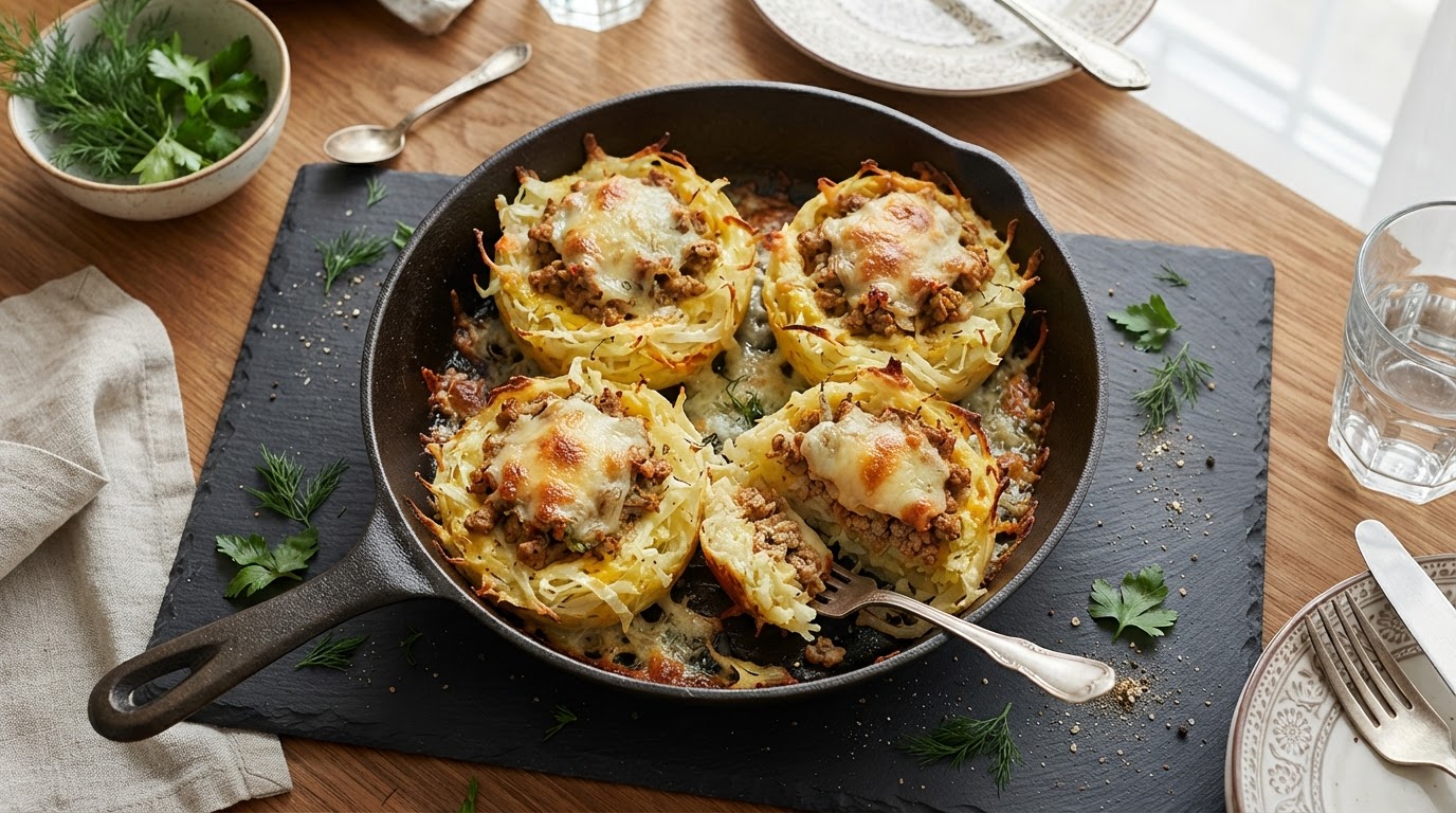 Мясные «гнезда» из капусты и фарша под сырной корочкой