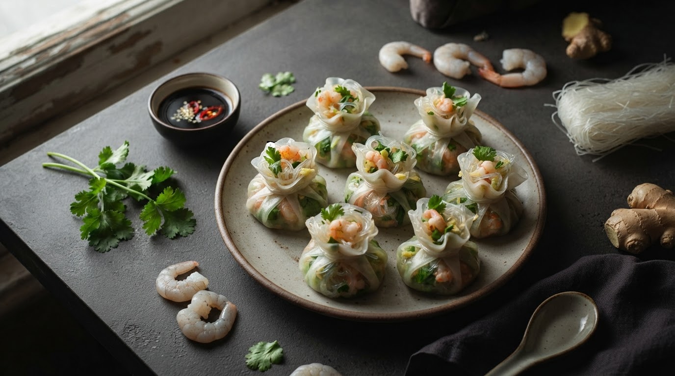 Паровые «зеленые мешочки» с креветкой и фунчозой