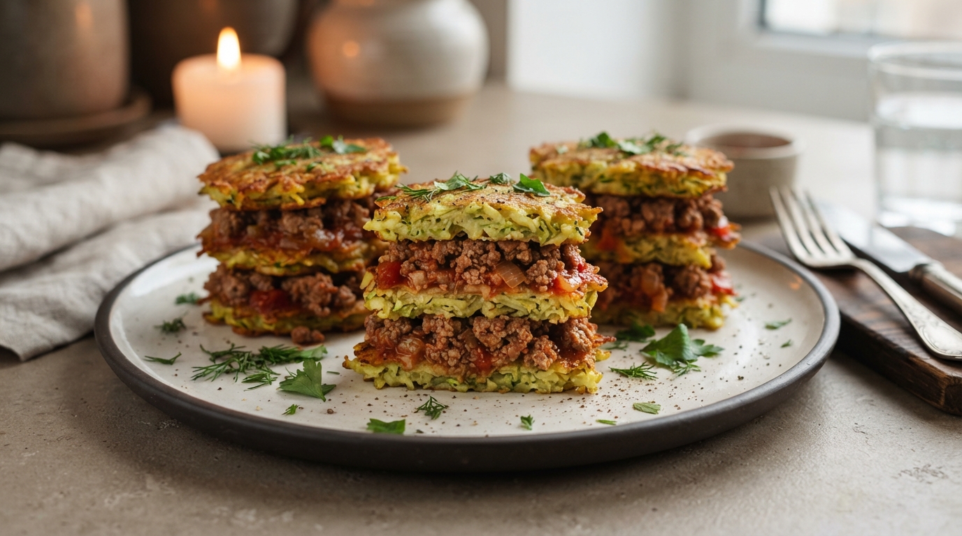 Кабачковые «оладьи-башни» с мясным фаршем и томатным соусом